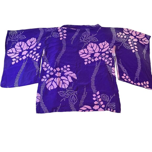Japanese Kimono Yukata Robe Floral Womens One Size Purple Pink Asian Wide Sleeve - Picture 2 of 12